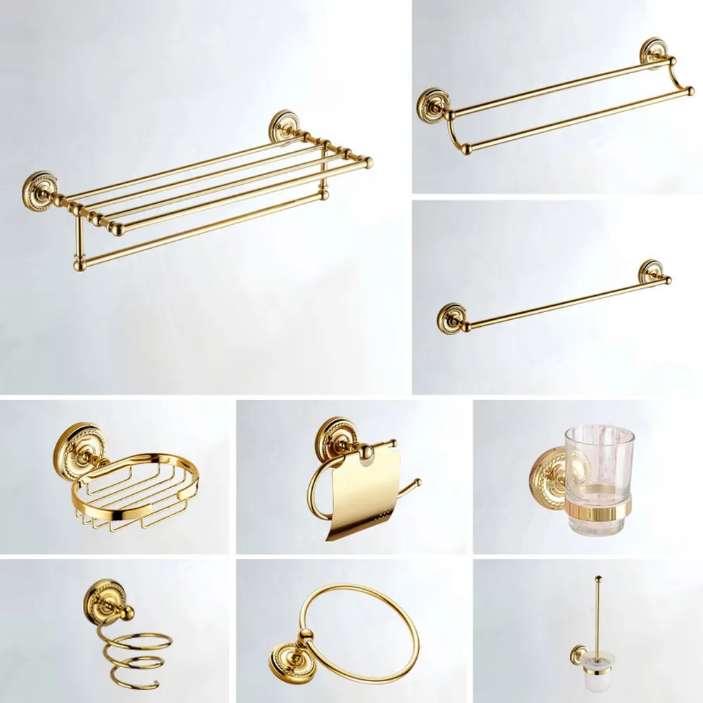 Gold Color Brass Carved Pattern Wall Mounted Bathroom Accessories Set Bath Hardware Towel Bar azh132