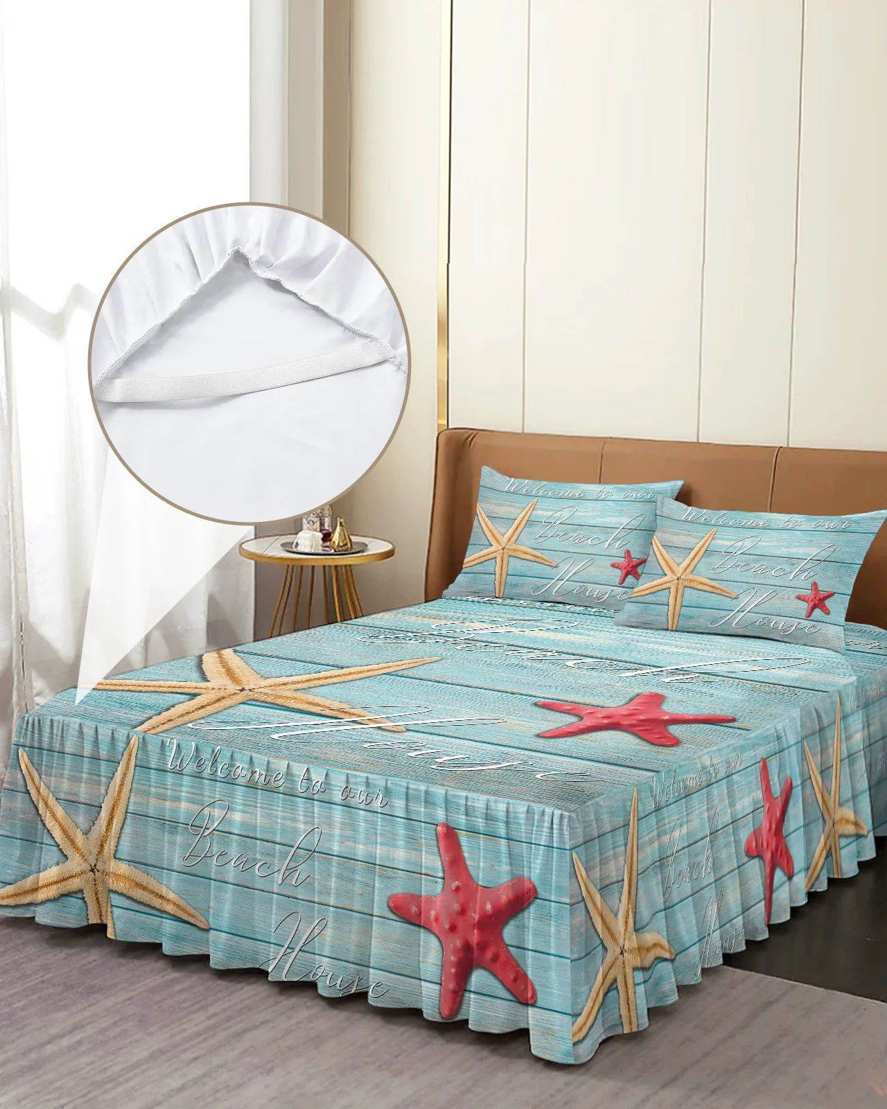 Wood Grain Beach Text Starfish Bed Skirt Elastic Fitted Bedspread With Pillowcases Mattress Cover Bedding Set Bed Sheet