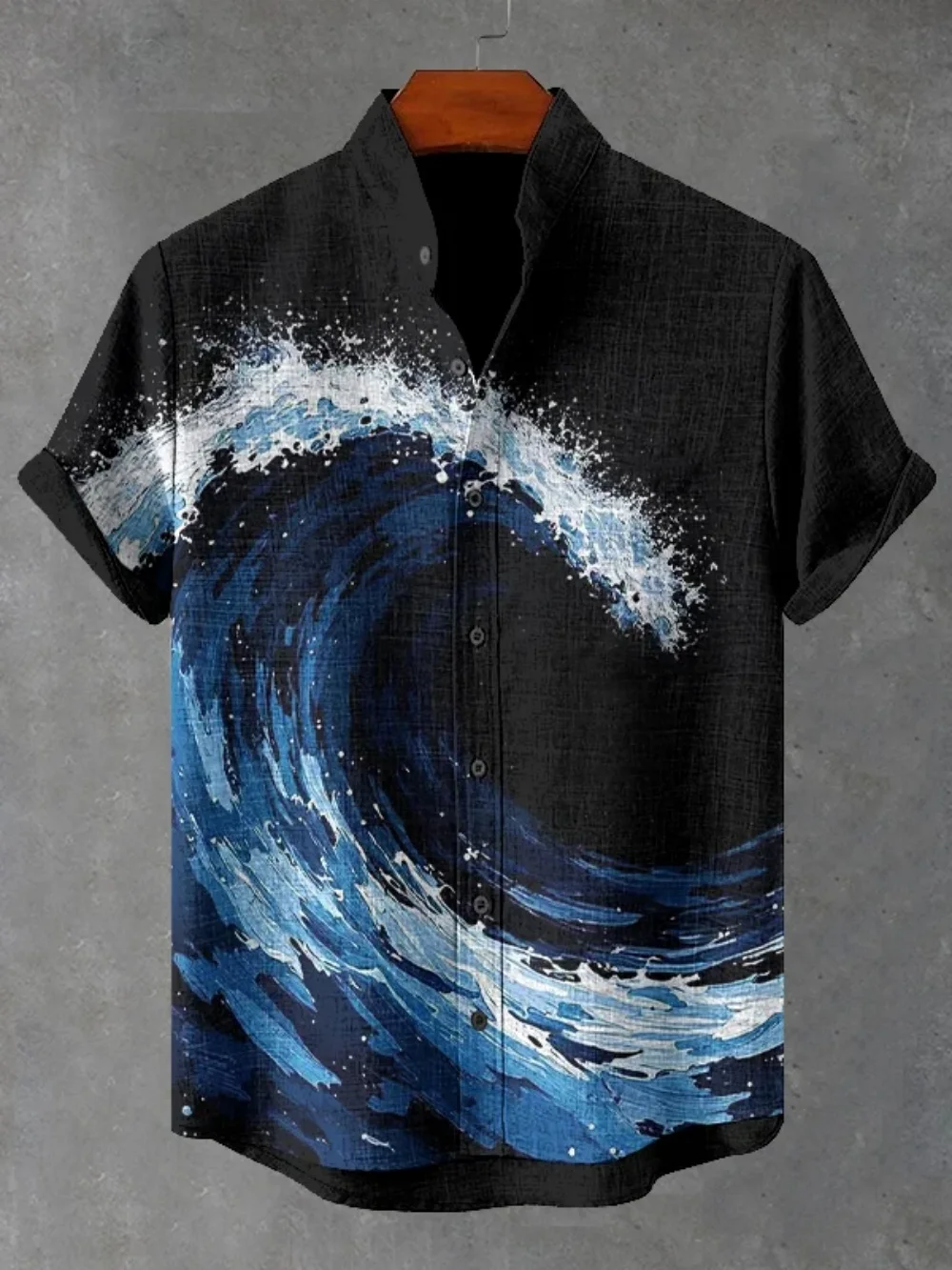 Summer Wave Print Hawaiian Vacation Casual Men's Shirt Stand up Collar Retro Short Sleeve Linen Top for Holiday Wear