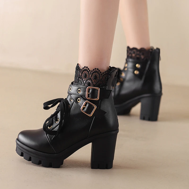 Goth Boots Women Platform Chunky Heel Buckle Lace Up Combat Booties - view 4