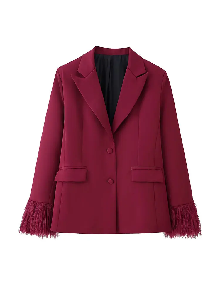 NLZGMSJ Women Loose Blazer Set 2025 Autumn Long Sleeve Feathers Cuff Office Lady Suit Jacket Female Casual Party 2-piece Set Y2K