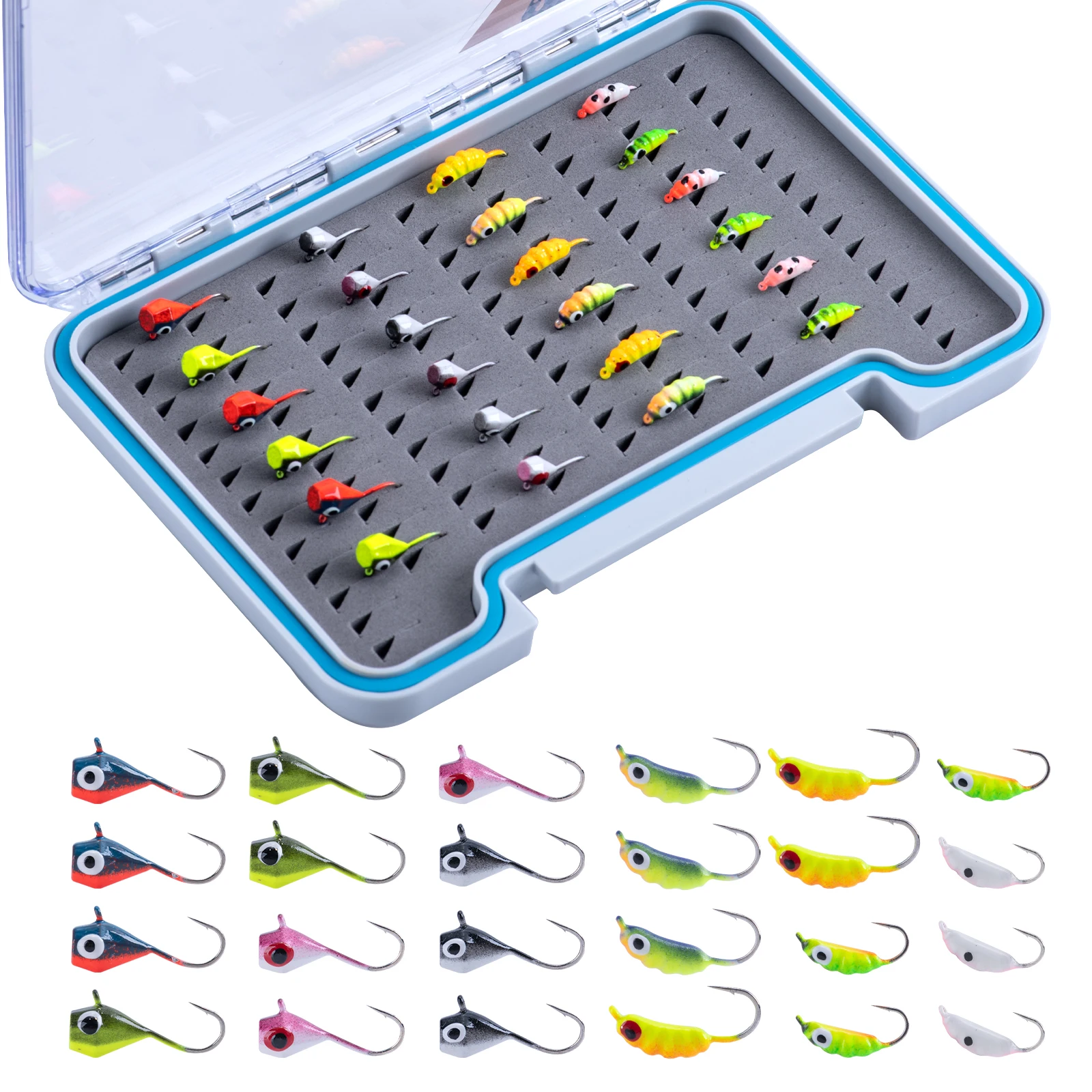 Goture 24pcs Ice Fishing Luminous Tungsten Bead Head Nymph Worm Fly Caddis Larvae Insect Baits Fast Sinking Trout Lures