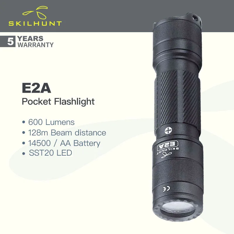 

Skilhunt E2A Compact Pocket Flashlight, 600 Lumens，14500 / AA Battery, Cool / Neutral White / High CRI, Waterproof, for Camping