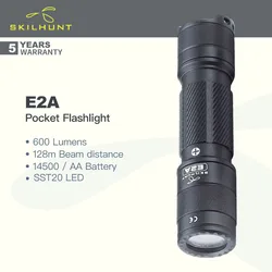 Skilhunt E2A Compact Pocket Flashlight, 600 Lumens，14500 / AA Battery, Cool / Neutral White / High CRI, Waterproof, for Camping