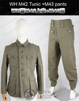 Reproduction Cosplay German WH M42 Heer EM Fieldgrey Wool Feldbluse Field Blouse Suit Tunic with Shoulder Straps & Pants