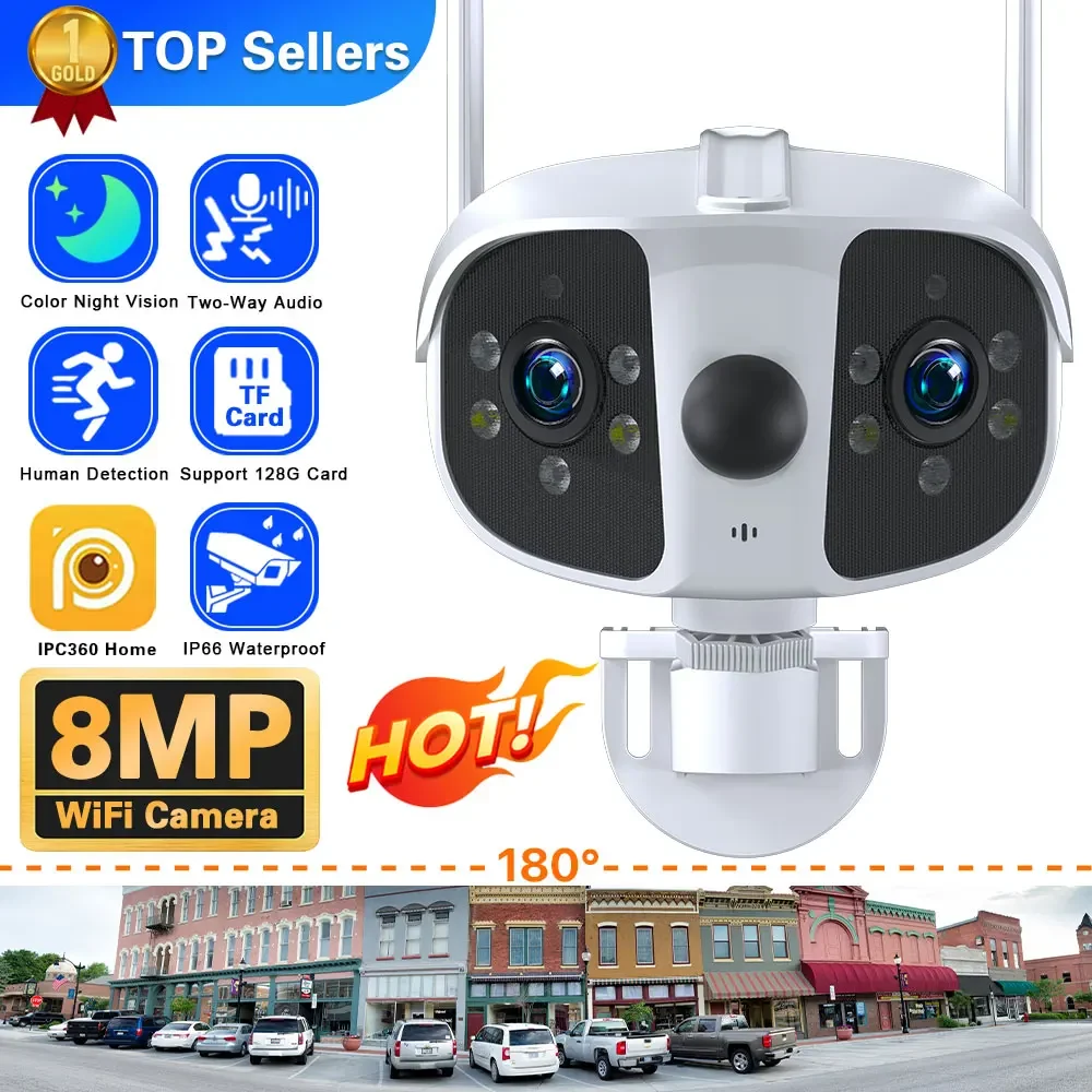 Outdoor 4K 8MP 4MP 180° Ultra Wide View Angle Panoramic WIFI Dual Lens Integrated Machine Security IPC360 Home Human Detection