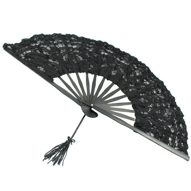 2X Handmade Cotton Lace Folding Hand Fan For Party Bridal Wedding Decoration (Black)