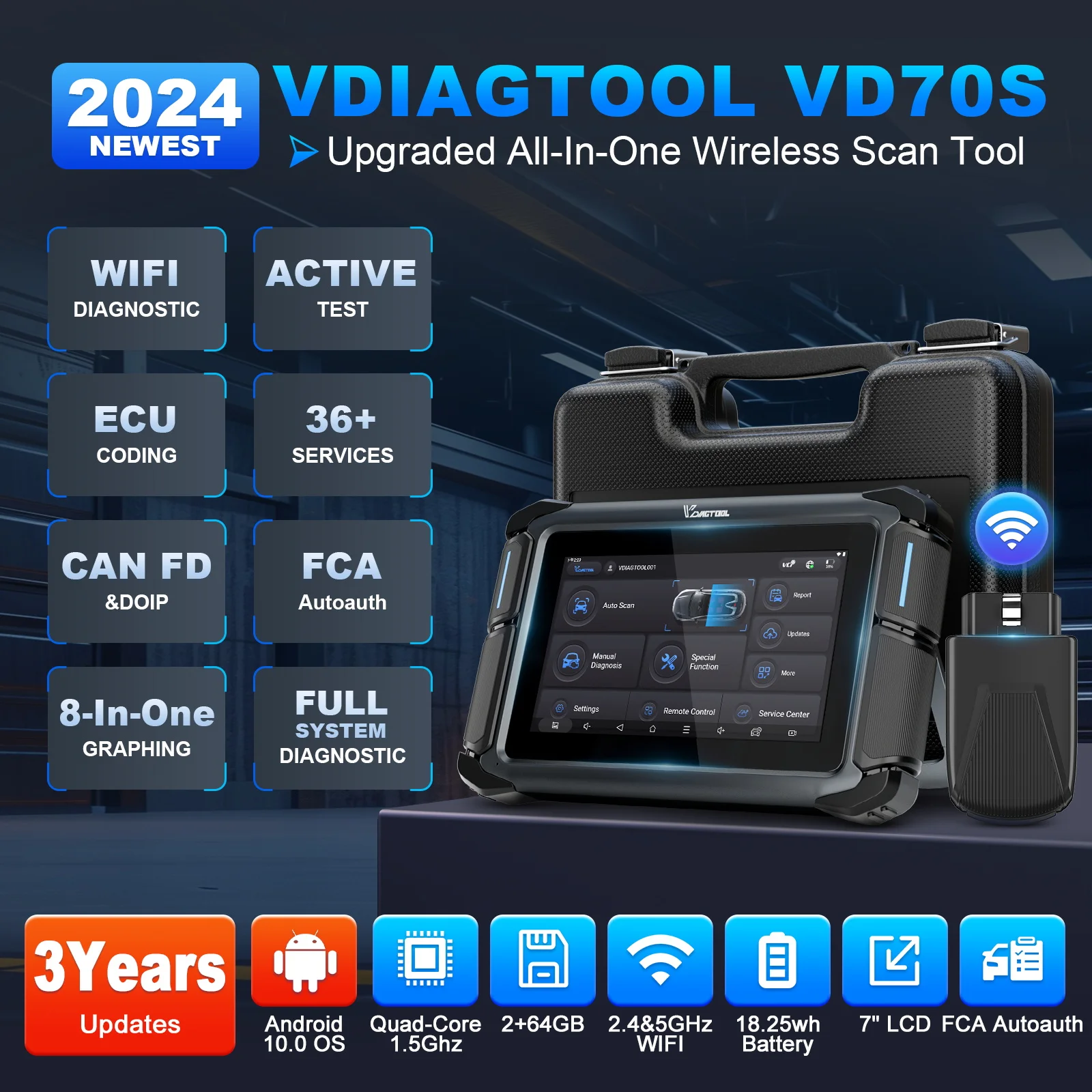 2024 VDIAGTOOL VD70S Wireless WIFI Automotive Scanner All System Car Diagnostic Scan Tools ECU Coding 36+ Services CANFD DOIP