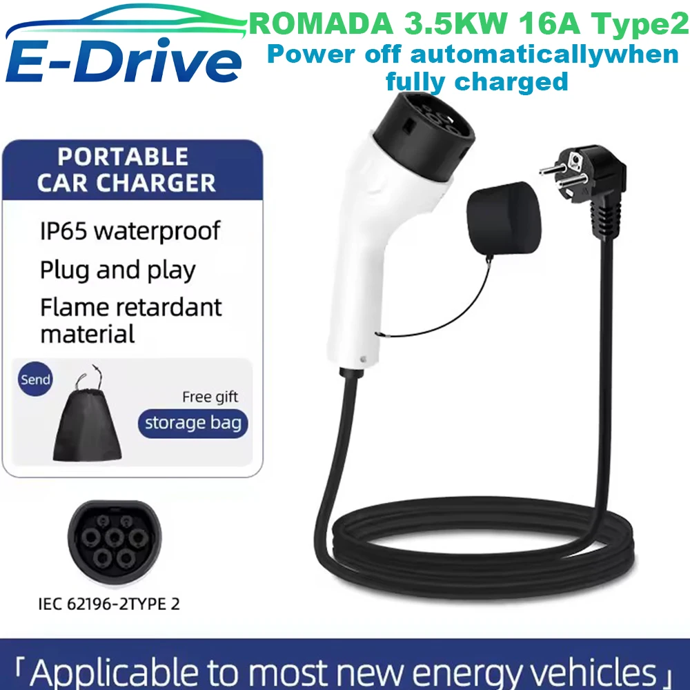 2025 NEW ROMADA 3.5KW 16A Type2 IEC62196 EV Portable Charger 3M-20M Cable EVSE EU Plug Wallbox Adapter For Electric Vehicle