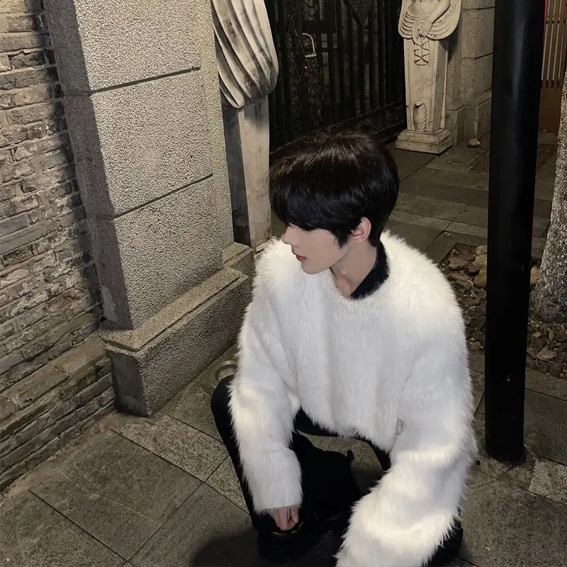 

Soft Cozy Men's White Knitted Sweater round Ne Casual Winter Faion Brand Lazy Sle Thiened Polyester Fiber Coat