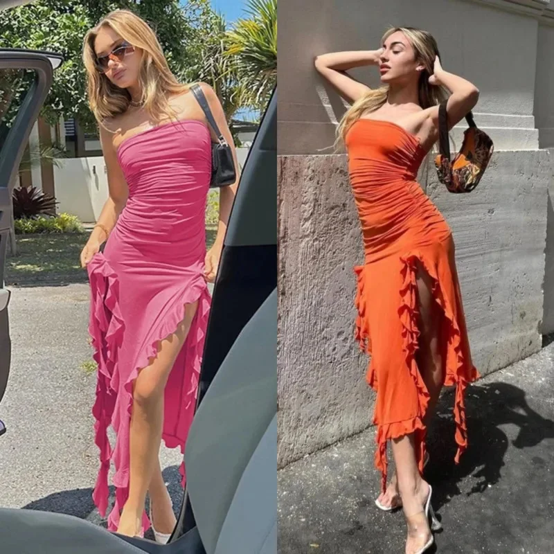 

Sexy Strapless Asymmetrical Fringe Dress Elegant Solid-Colored Jellyfish Lace Trim Dress Summer Trendy Women’s Beach Party Gown