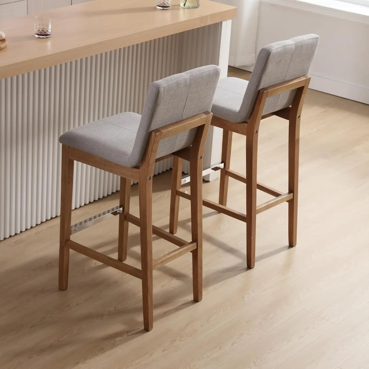 Estofados madeira Bar fezes com Costas, tecido de linho, 30 polegadas, Meados Century Bar Altura Stool, Kitchen Island, Conjunto de 4