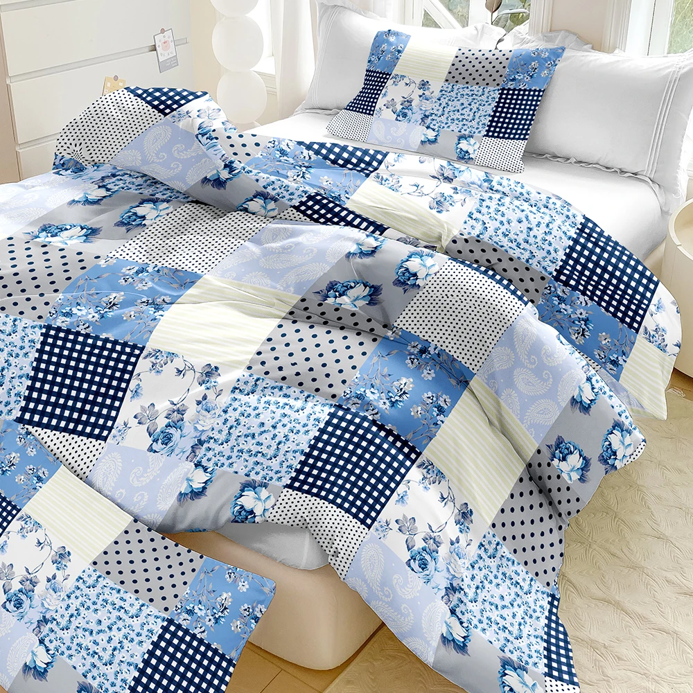 3pcs Fresh Blue Patchwork Floral Bedding Set,Soft And Breathable, All-Season Universal. Fresh Country Aesthetic Room Decor