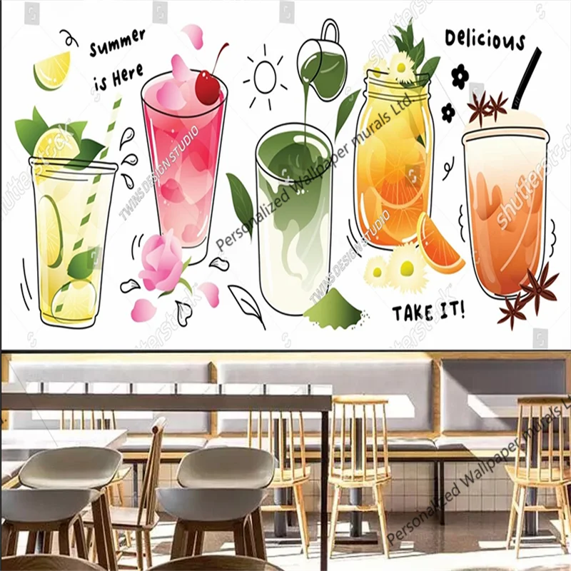 

Custom Summer Green Tea Lemon Orange Juice Ice Drinks Wallpaper 3D Afternoon Tea Shop Decoration Self-adhesive Papel De Parede