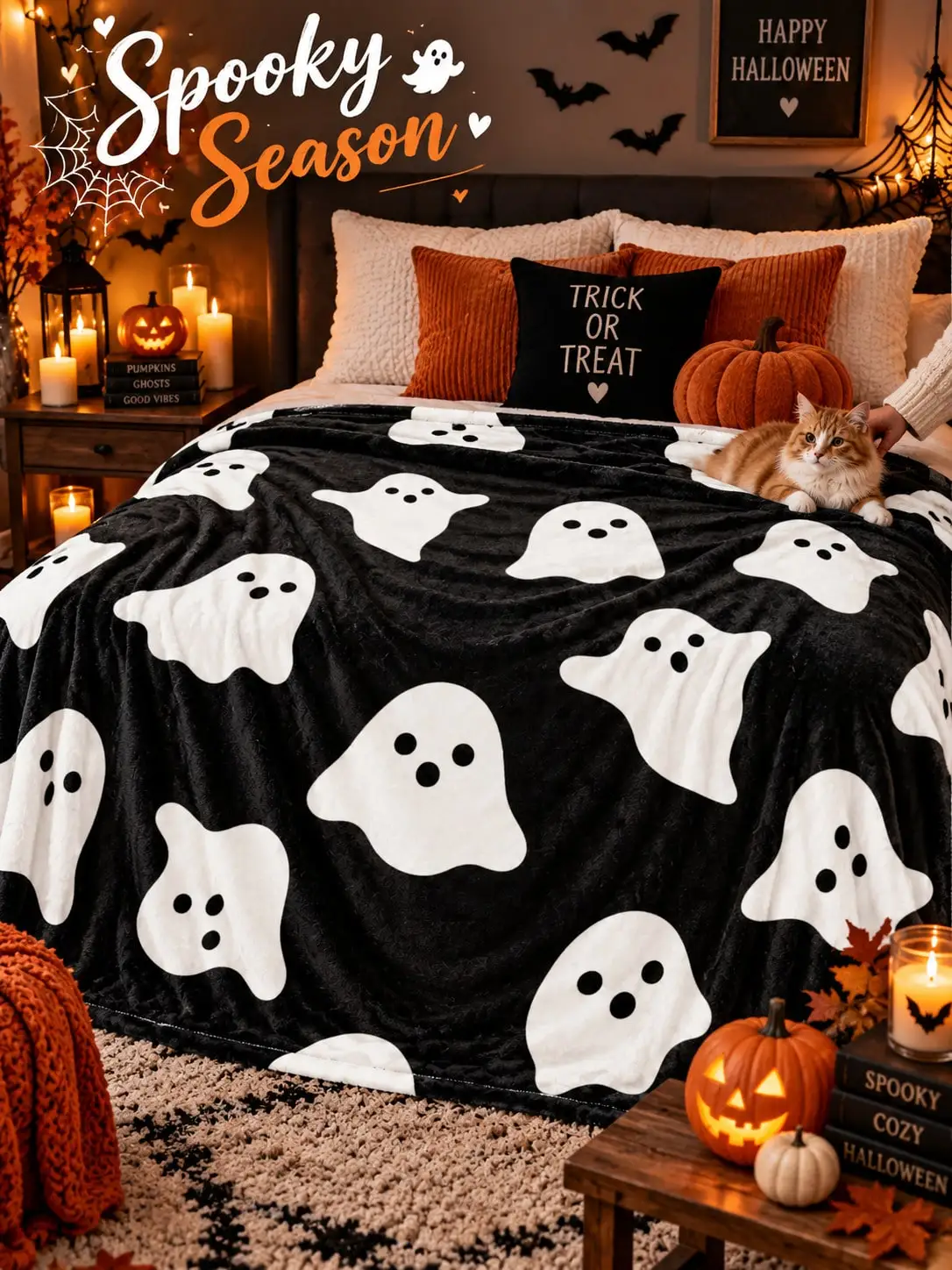 Halloween Flannel Blankets & Throws Ghost Figure Doodle Art Sofa Bed Couch Nap Home Decor Living Room Bedroom Dorm Reading Movie Night Camping Travel Gift for Women Family Friends Thanksgiving Christmas Anniversary Birthday Party Housewarming