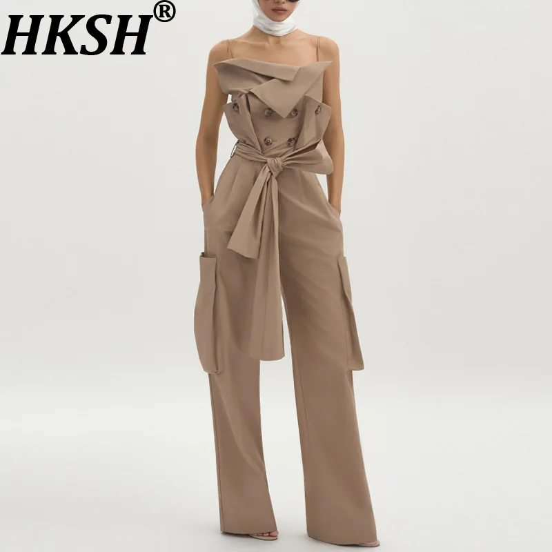 

HKSH Spring Autumn New Women Jumpsuit French Sexy Strap Off-shoudler Sleeveless Belt Pockets Elegant Chic Wide Leg Pants HK16275