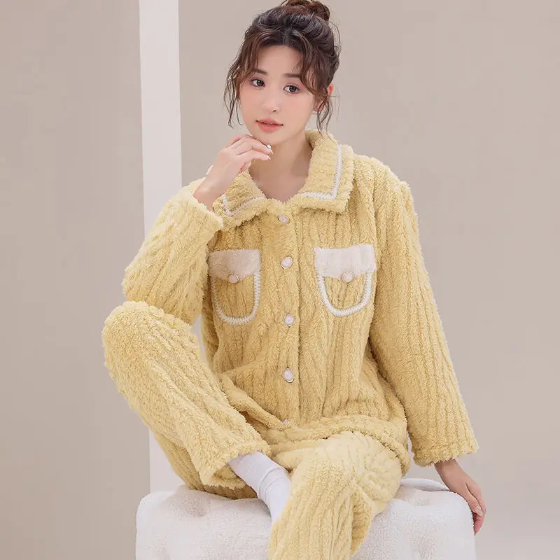 2024 New Design Sleepwear Women Winter Pajamas Coral Fleece Loungewear Suit Thickened Home Clothing Set Girls Outwear Pijamas