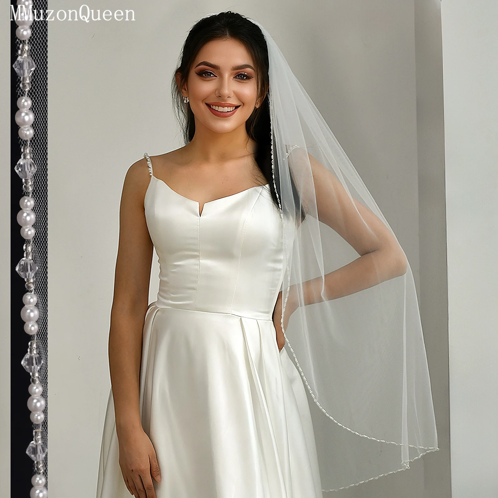 

Свадебный головной убор TOPQUEEN V107 с кристаллами и бисером, свадебная фата с кристаллическими краями, короткие свадебные аксессуары с жемчугом и блестками, на заказ