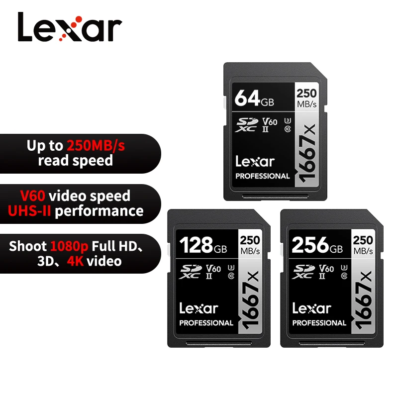 Lexar Professional SD Card 1667x 64GB 128GB 256GB SDXC UHS-II V60 Class 10 Memory Card up to 250MB/s 4K SD Card for DSLR Camera