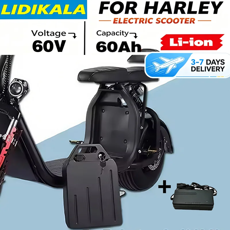 Image of 60V 20Ah-60Ah 18650 Lithium-Akku, abnehmbar mit Ladegerät, wasserdicht, für Harley Citycoco Elektromotorrad-Roller, Ersatzakku