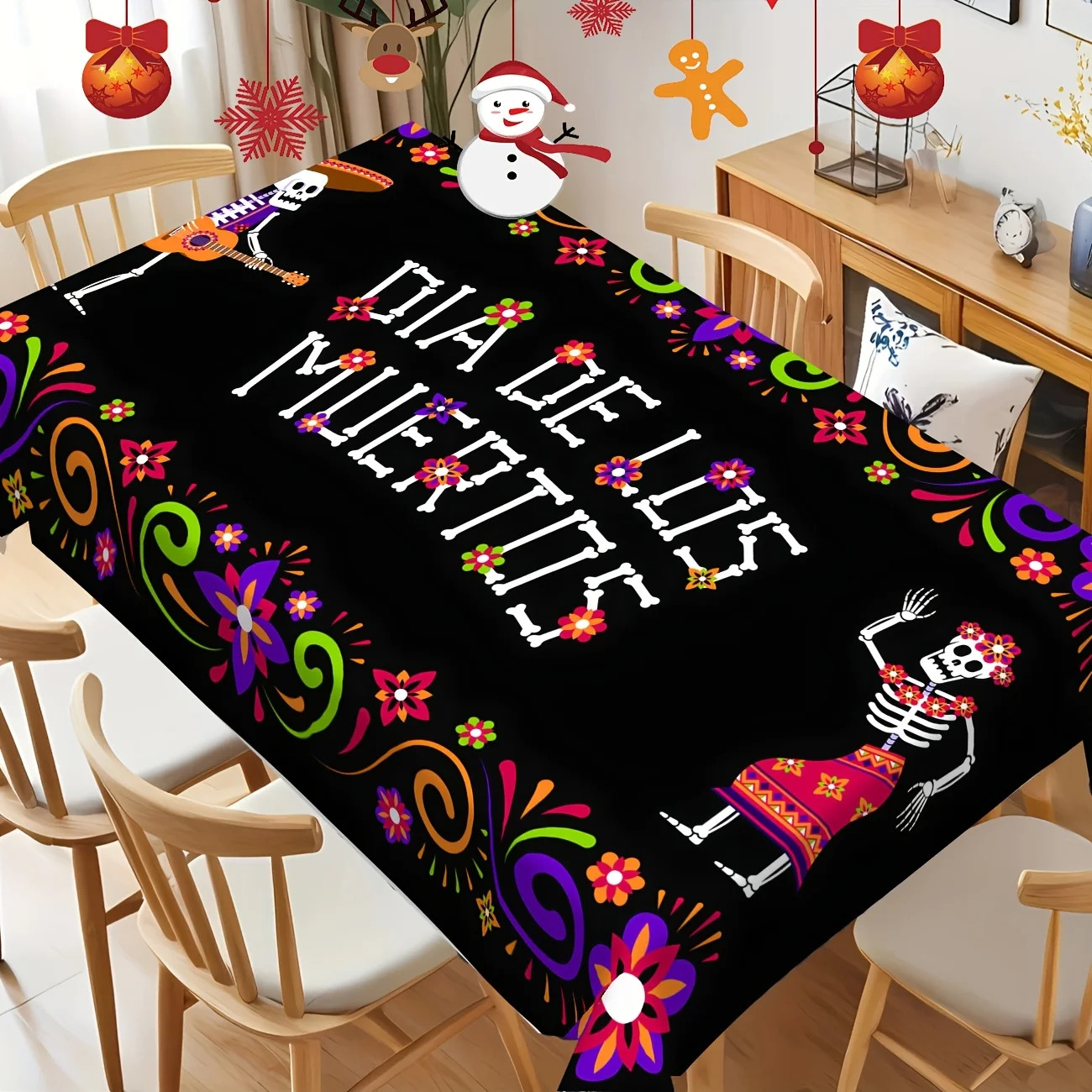 JIT - 1pc Mexican Day of the Dead themed tablecloth, tablecloth with colorful elements decoration.zyc
