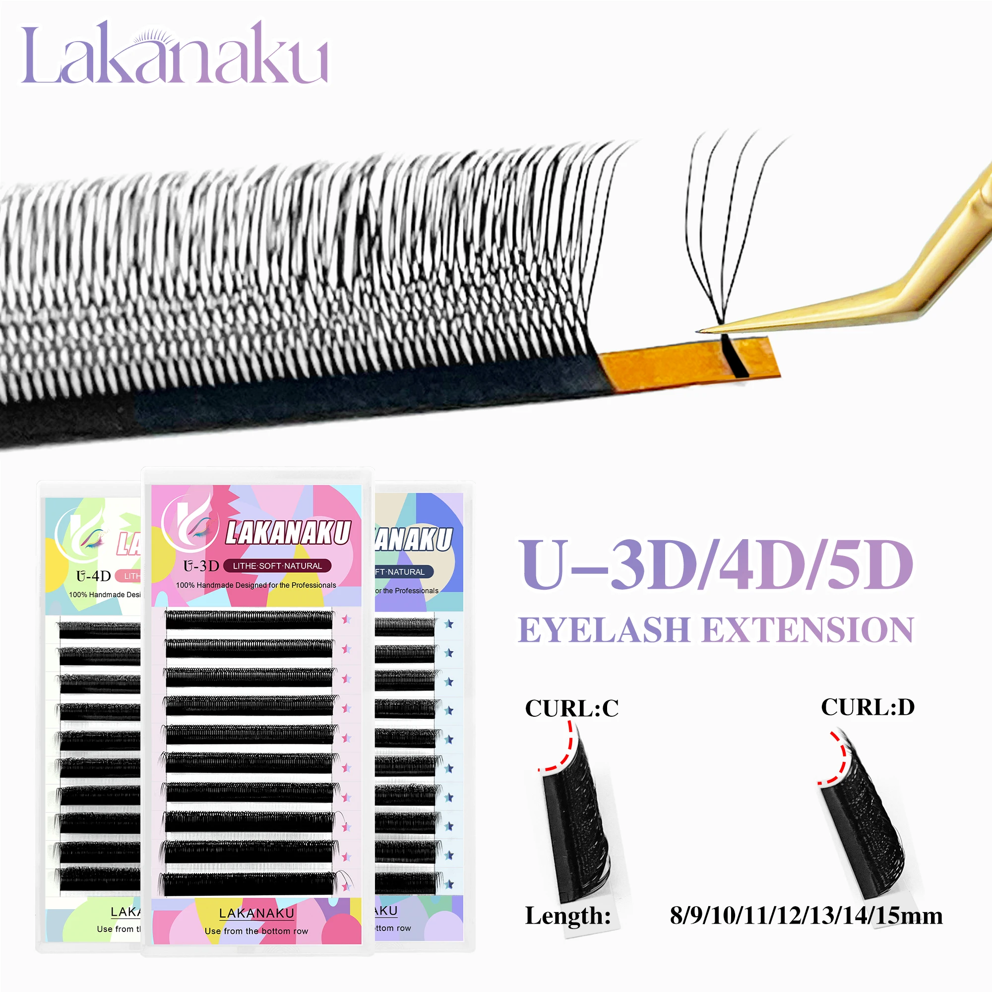 LAKANAKU U-shaped 3D 4D 5D Eyelash Extension Fiber Nartural Mink False Eyelashes Premade Volume New Style U Shape W Bloom Lashes