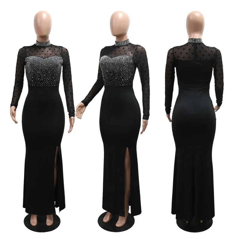 KEXU ผู้หญิงแขนยาว SHEER ตาข่ายเพชรร้อน Rhinestones MIDI Maxi ชุดยาว 2025 ฤดูร้อนวันเกิดวันหยุด PARTY Dresses
