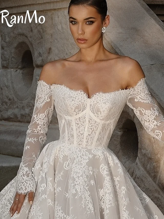 Ranmo جديد 2025 فستان الزفاف الأبيض قبالة الكتف ألف خط كامل الدانتيل فساتين الزفاف الفاخرة بوهو الزفاف الكرة حفلة موسيقية فستان مخصص