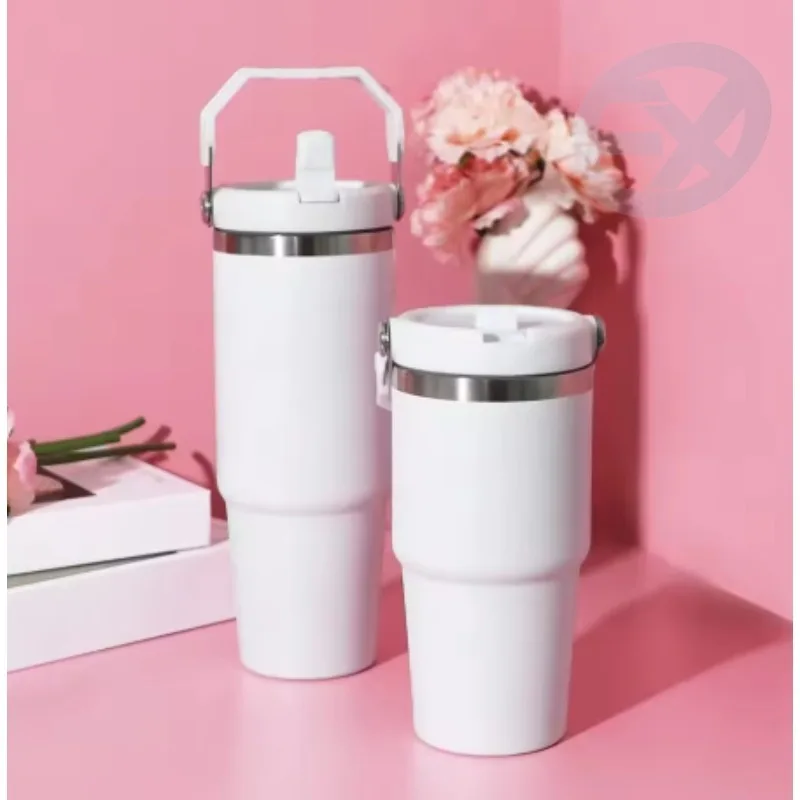 1pc Vacuum Tumbler with Lid Stainless Steel Portable Water Bottle with Dazzling Handle Insulated Tumbler Tote Handle 20/40OZ