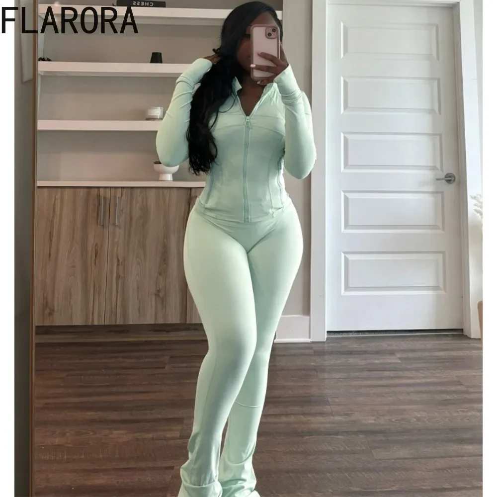 FLARORA Autumn Winter Tracksuit Two Piece Sets Woman Solid Slim Zipper Jacket And Flared Pants Set Casual Yoga Set Jogger Suits