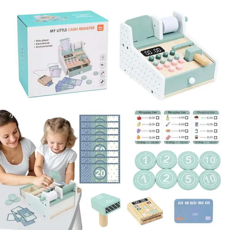 Pretend Play Calculator Cash Register Wooden Children Toy Calculator Cash Register Boys Girls Role Play Equipment Supermarket