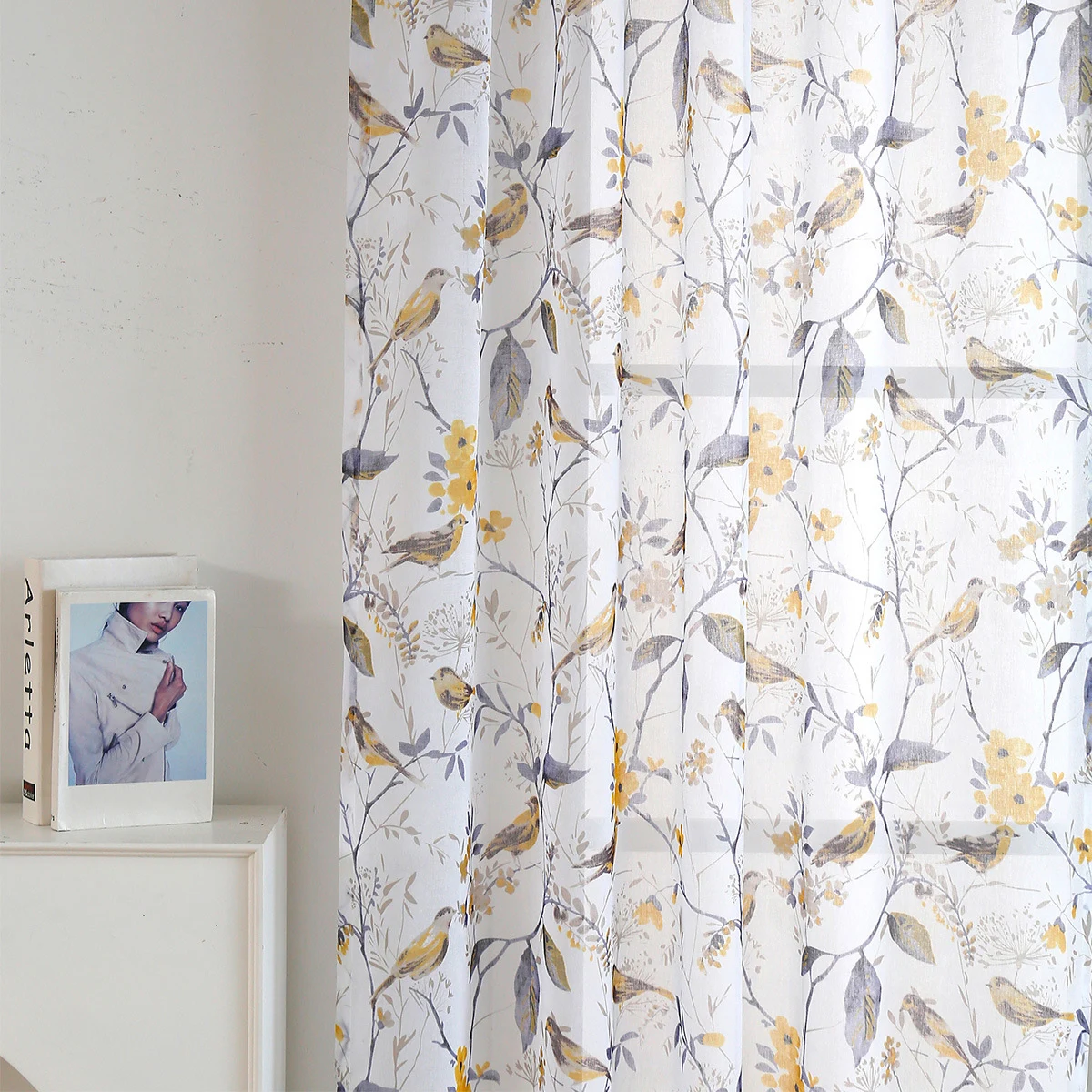 

Birds Flowers Printed Tulle Curtains Pastoral Light Filtering Voile Curtains for Farmhouse, Bedchamber, Terrace Decoration