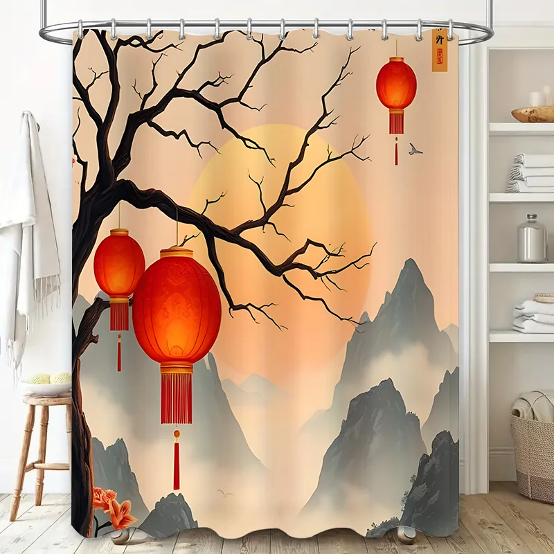 Elegant Chinese Style Shower Curtain with Red Lanterns and Mountain Landscape Design - Waterproof and Durable Home Decor