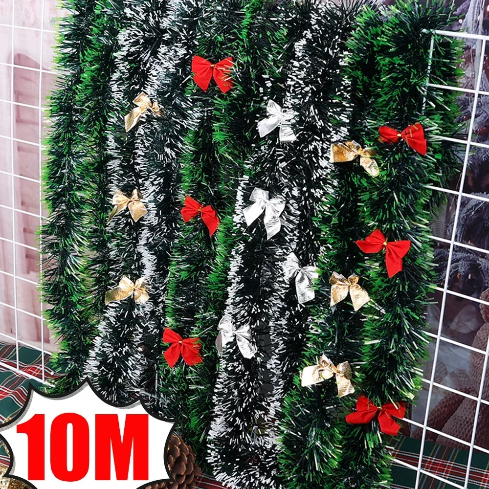 Christmas Tinsel Ribbons with Bow Green Cane Ribbon Garland Xmas Tree Hanging Pendent DIY Wreath Ornaments Party Home Decoration