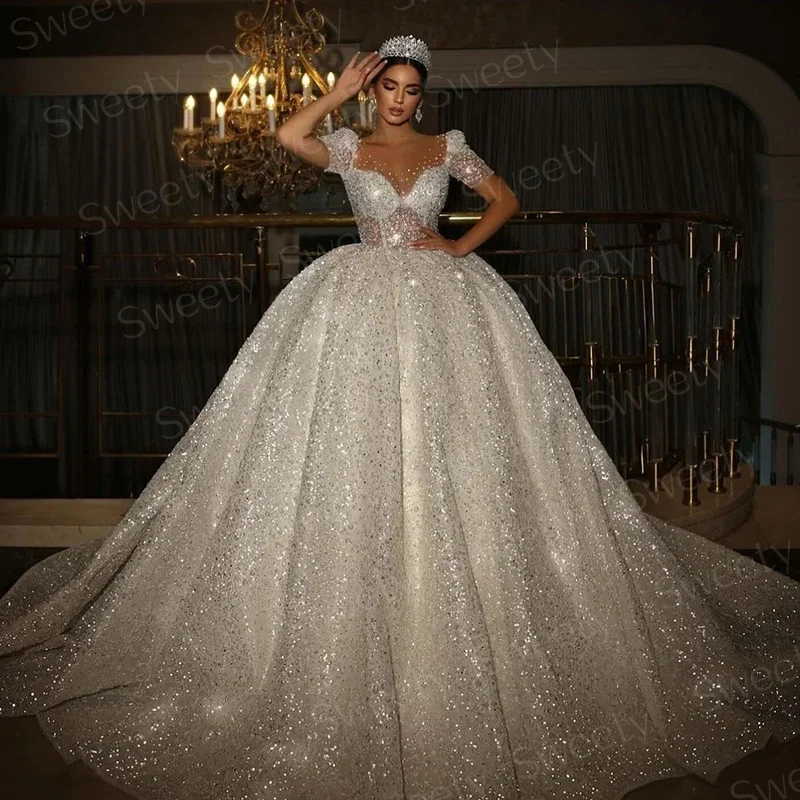 Royal Wedding Dress Lace With Beading Princess Ball Gown Sweetheart Neck Half Sleeve Bride Button Vestido De Novia Customized