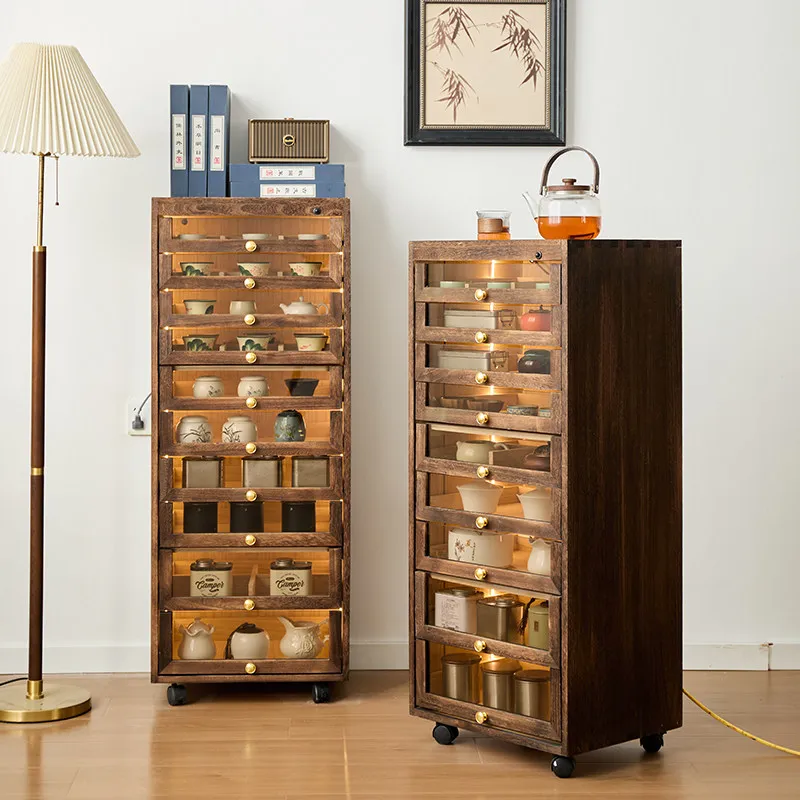 Solid wood frame with lamp sensor light shelf living room side cabinet tea set bracelet storage cabinet
