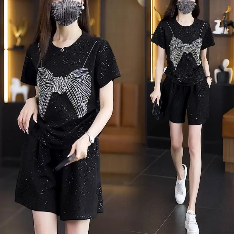 Summer Sequin Shirt Shorts Woman's Set Glitter Solid Short Sleeve Shirts Keep Slim Short Pants Sets Female Chic Street A398