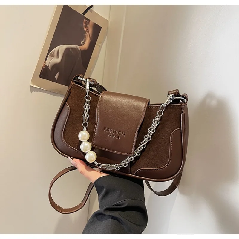 

Chain Pearl Decoration Fashion PU Faux Suede Shoulder Bag Solid Sewing All-match Crossbody Bag 2024 Hot Sale Bags for Women