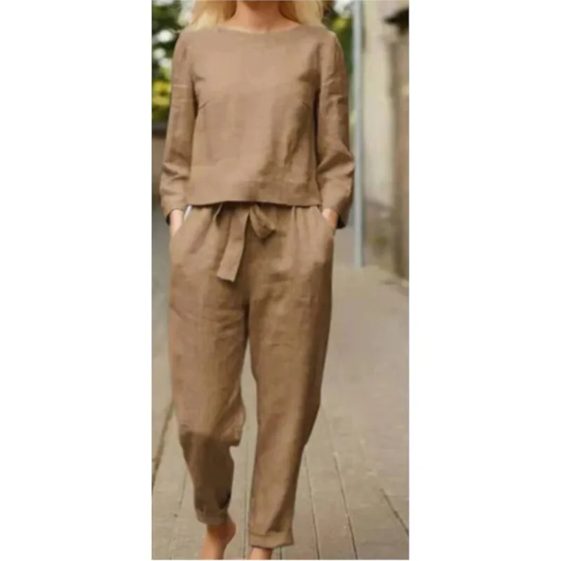 Fashion Cotton Linen Sets Solid Two-piece Sets Autumn O-Neck Long Sleeve Solid Tshirt+High Waist Pocket Casual Loose Pants Suits