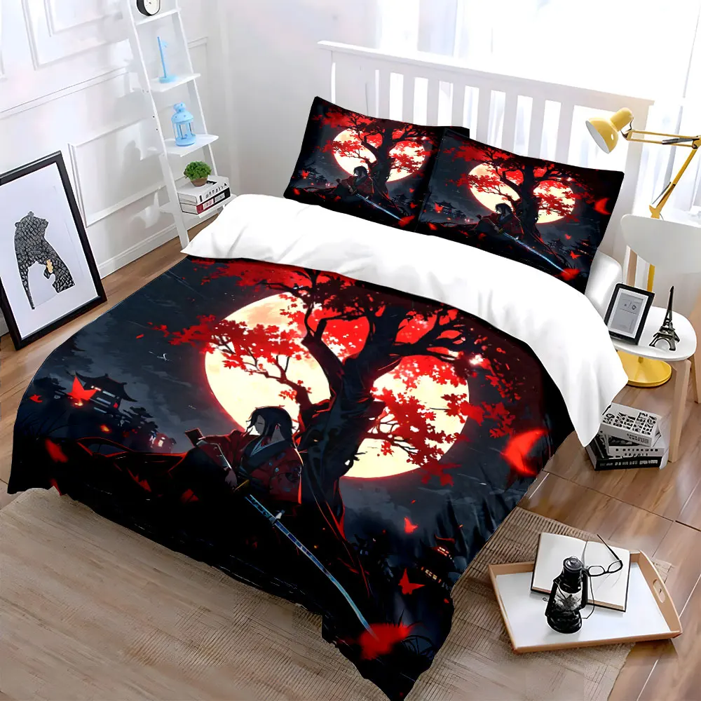 

Samurai Nightfall Under Red Moon Exquisite three-piece bedding set gift for kids and adults