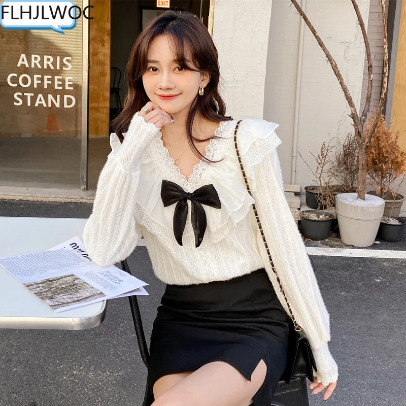 

2022 Autumn Spring Office Lady Women Cute Sweet Hollow Out Ribbon White Lace Ruffled Bow Tie Tops Basic Shirts Blouses
