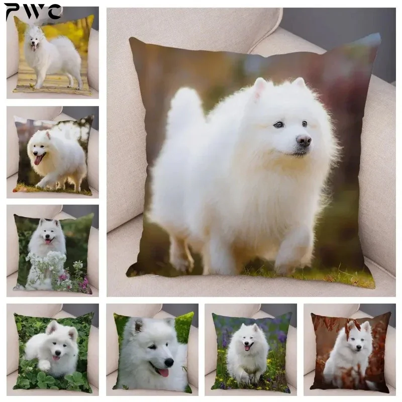 Style Cute White Dog Samoyed Cushion Cover Decor Lovely Pet Animal Pillow Case Soft Pillowcase for Sofa Children Room