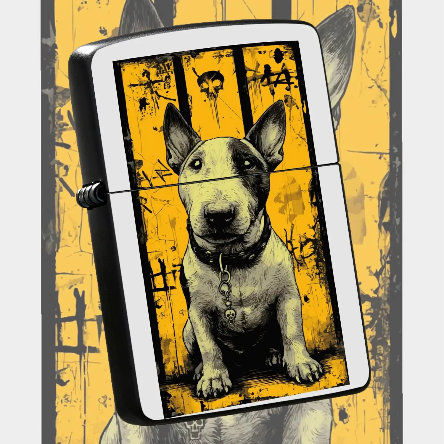 Creative Bull Terrier Lighter Street Graffiti Yellow Black Bold Design With Skull Pendant Cool Pet Themed Portable Daily Carry Accessory Unique Chic Present For Pet Lovers Friends Suitable For All Scenes Casual Use Decorative Eye Catching S