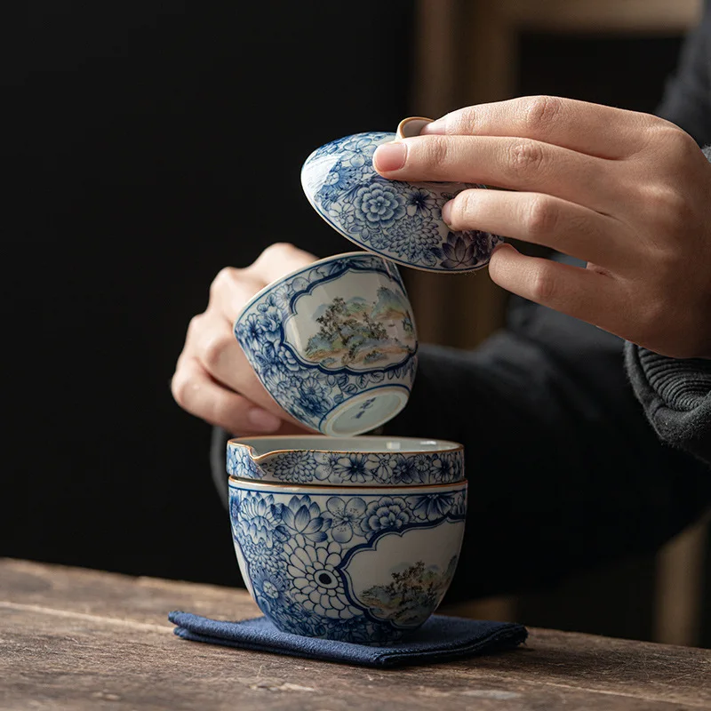 Teaware Set Blue and White Porcelain Portable Travel Tea Set with One Pot and Two Cups Household Study Brewing Tea Set