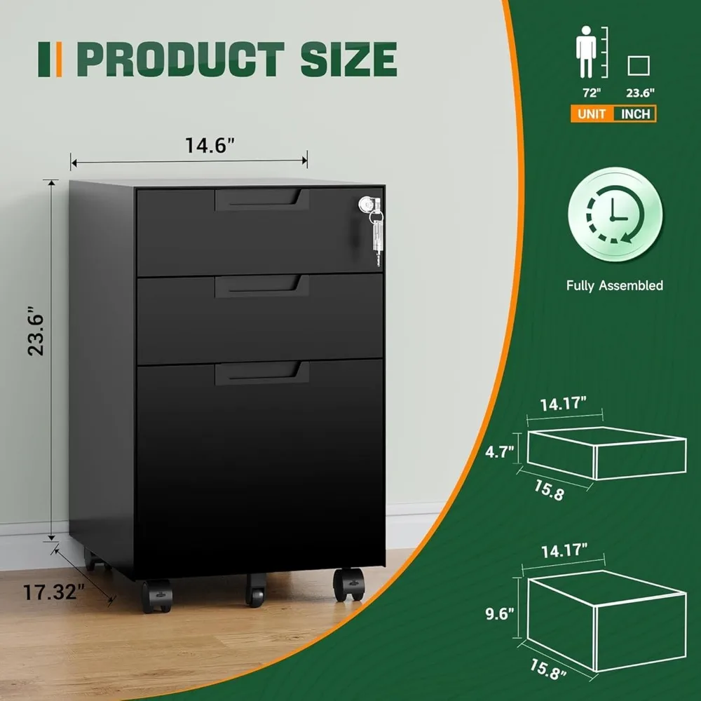 Mobile 3-Drawer Metal File Cabinet with Lock for Home Office, Under Desk Organizer for Letters, Legal, A4 Files