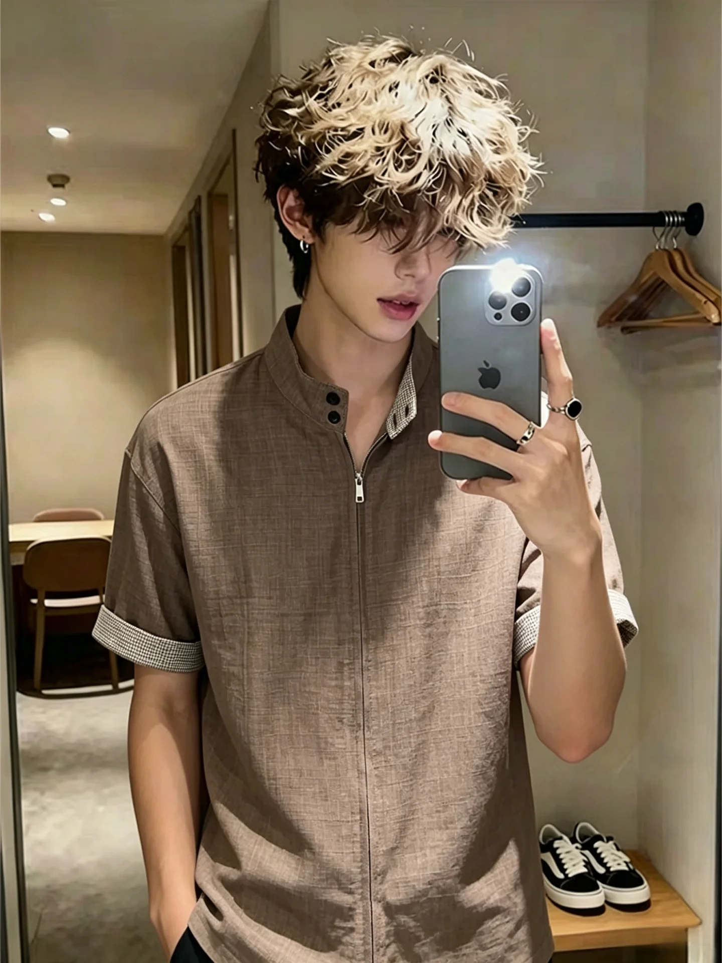 Men's Summer Short Sleeve Ice Silk Shirt Plaid Pattern Loose Fit Comfortable Breathable Polyester Fiber American Style Casual...