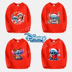 Stitch Disney Christmas T-shirt Round Neck Long Sleeve Boys Girls Clothes Cartoon Cotton Xmas Children Clothing Stich Anime Tops