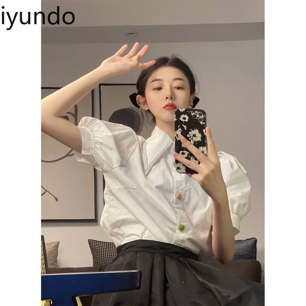 Franse zoete kant borduurwerk strikkraag bubble mouwen blouse voor zomer dagelijks/casual/feest kleine bloemenprint dames tops