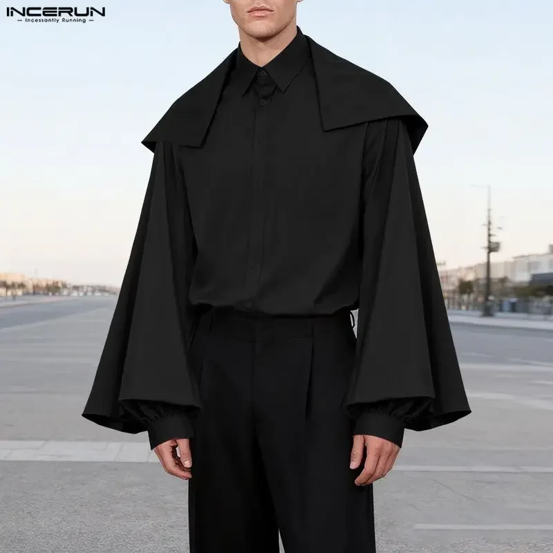 

INCERUN Men Irregular Shirts Solid Color Lapel Long Lantern Sleeve Men Clothing Streetwear Loose Fashion Casual Tops Male Shirts