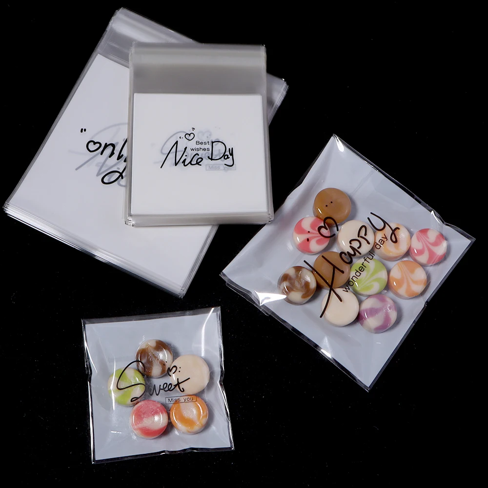 100pcs/lot Plastic Self-adhesive Bags Letters Printing Storage Bags Pouched For DIY Jewelry Candy Cookie Pakaging Bags